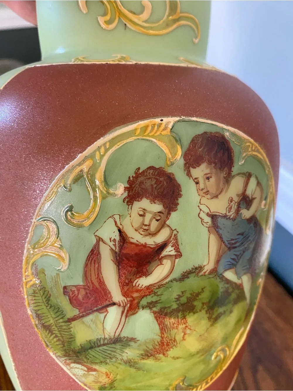 Early 20th Century French Mint Green Art Glass Vases Hand Painted Raised Gilt